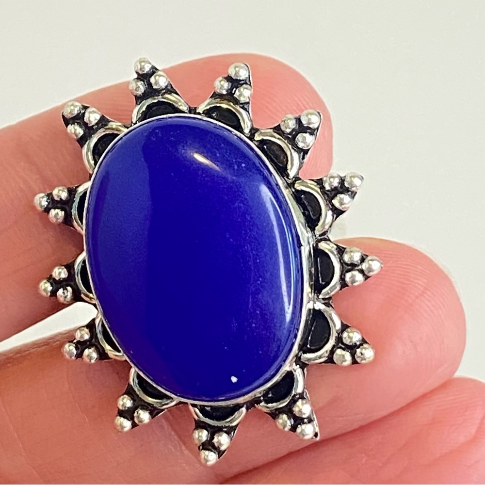 Large Cobalt Blue Stone Cocktail Ring Silver Tone Oval Starburst Sunburst Size 9